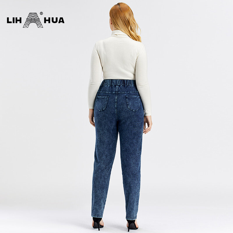 ليه هوا المرأة حجم كبير الجينز الخريف عالية تمتد القطن محبوك سراويل جينز جينز عادية لينة