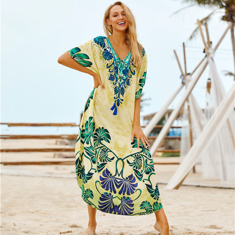 فستان شاطئ بنمط بوهو للنساء ، تونك ، كيمونو ، طباعة أوراق الشجر ، ملابس صيفية للشاطئ والمسبح