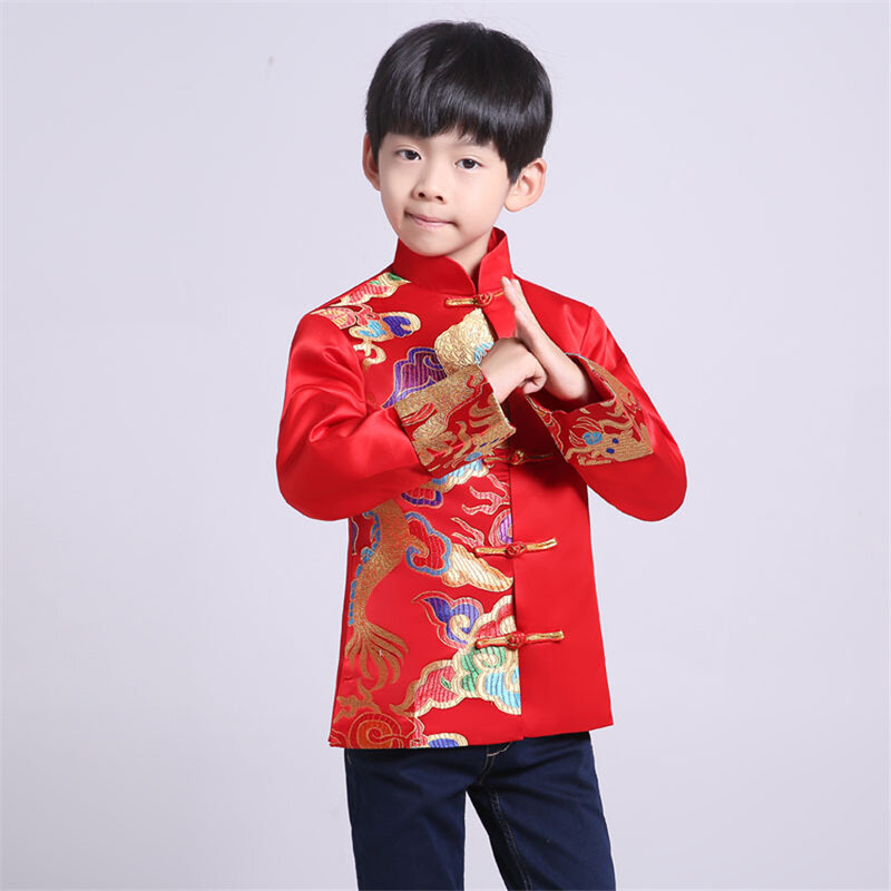 تانغ دعوى الأحمر التقليدية الصينية ملابس للرجال الاطفال الصبي Hanfu كبار التنين طباعة Vintage الساتان الكونغفو الصينية مرحلة الحفلات