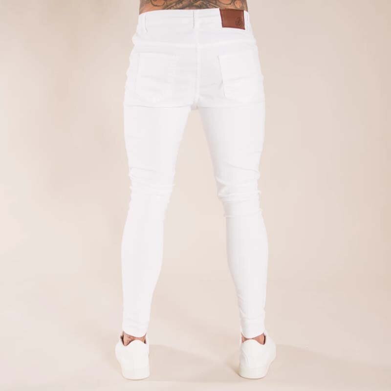 جديد لعام 2021 بنطال جينز أبيض ضيق للرجال سراويل دينم ضيقة ممزقة بثقوب ممزقة على الموضة ملابس شارع للرجال جينز للعدائين عالي الجودة