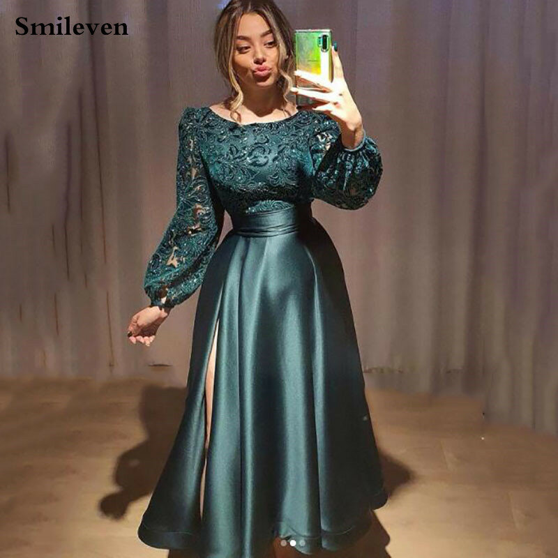 فستان سهرة رسمي بأكمام كبيرة من الدانتيل باللون الأخضر من Smileven hungo فستان للحفلات الراقصة مصنوع حسب الطلب