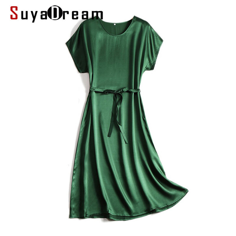 SuyaDream-فستان متوسط الطول من الساتان ، 100% ، فستان حريري ، أكمام الخفافيش ، حزام ، أنيق ، أخضر ، أسود ، ربيع وصيف ، 2021