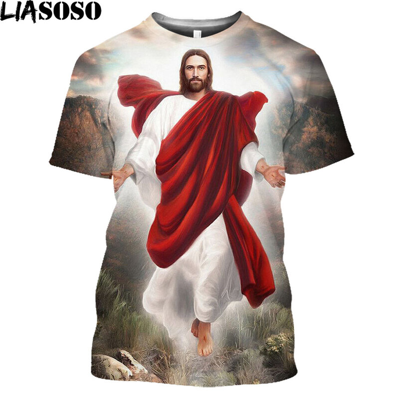 LIASOSO توب المسيح يسوع قميص الرجال النساء ثلاثية الأبعاد الطباعة الدين الله مانغا المحملة اليومية Harajuku تأثيري كول كم قصير ملابس الشارع الشهير