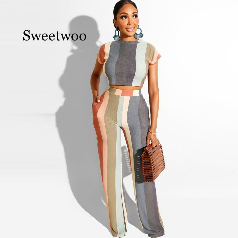 Rainbow Striped Sexy 2 Two Piece Set Women Tracksuit O Neck Short Sleeve Crop Top And  Wide Leg Pant Plus Size Outfits Sweatsuit