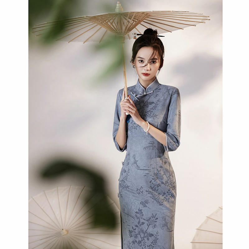 تحسين شيونغسام 2021 جديد طويل الأكمام منتصف طول الخريف الشتاء الراقية أنيقة الصينية فتاة فستان الخريف