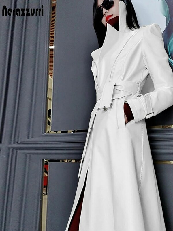 معطف للربيع من nerazurri معطف طويل أبيض من الجلد للنساء بأكمام طويلة أنيق وفاخر موضة معاطف نسائية 2021 مصمم