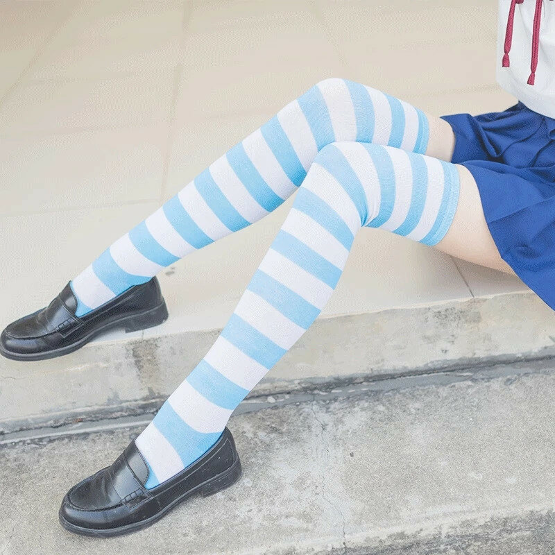 أسود وردي أزرق لوليتا مخطط جوارب للنساء جميلة مدرسة بنات الركبة عالية جوارب طويلة تأثيري أنيمي طالب الجوارب