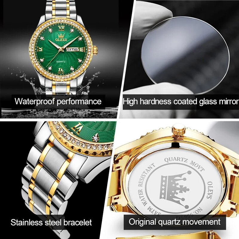 ساعة كوارتز مقاومة للماء من الفولاذ المقاوم للصدأ للرجال ، ساعات رياضية للرجال ، أزياء فاخرة من أفضل العلامات التجارية ، قرص أخضر ،