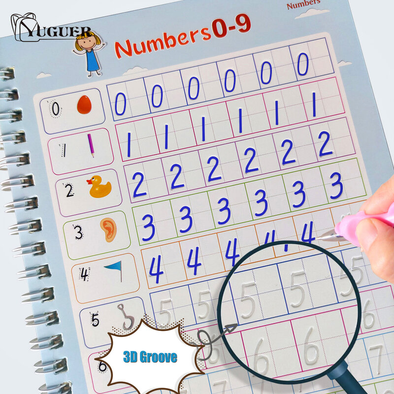 2023 كتاب الأطفال ثلاثية الأبعاد القابل لإعادة الاستخدام لأرقام الخط 0-100 الكتابة اليدوية الكتاب المدرسي تعلم الرياضيات كتاب الكتابة للأطفال اللعب