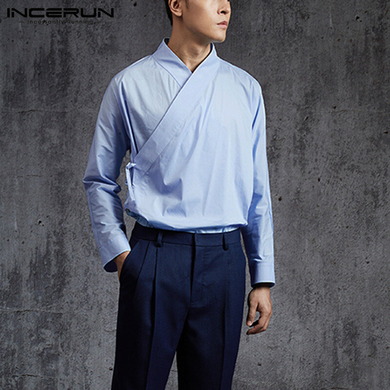 النمط الصيني الرجال قميص بلون الرجعية Hanfu طويلة الأكمام أنيقة الدانتيل يصل 2023 خمر الوقوف طوق قمصان رجالي Camisa INCERUN