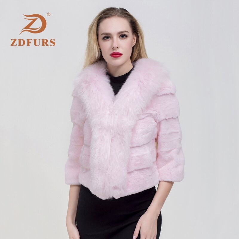 ZDFURS * 2019 موضة جديدة الجلد كله ريكس الأرنب معطف الفرو الإناث شتاء جديد كبير الثعلب الفراء طوق معطف الفرو الدافئة الفراء ملابس خارجية
