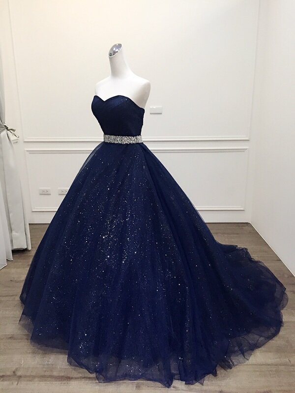 فستان سهرة فاخر باللون الأزرق الداكن ، فستان كرة الأميرة ، مقاس كبير ، مصنوع حسب الطلب