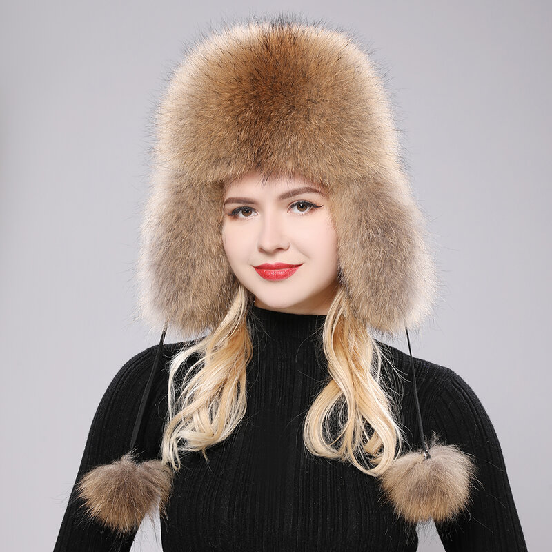قبعة أوشانكا الروسية النسائية ، قبعات فرو الثعلب الحقيقي ، الصياد ، قبعات التزلج على الجليد ، غطاء الأذن ، قبعة قاذفة فراء الراكون ، الشتاء ،