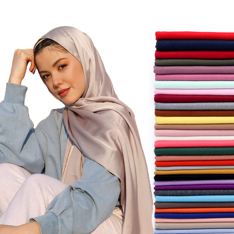 عادي اللون الفاخرة وشاح حريري الحجاب عقال الإناث غطاء رأس الإسلامية التفاف للنساء الحجاب مسلم الأوشحة الحجاب