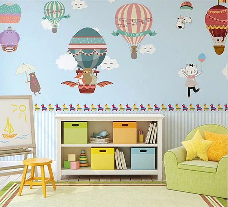 تخصيص ثلاثية الأبعاد خلفية بالون الهواء الساخن غرفة الأطفال حائط الخلفية الكرتون بالون الهواء الساخن صورة حيوان صغير ثلاثية الأبعاد خلفية