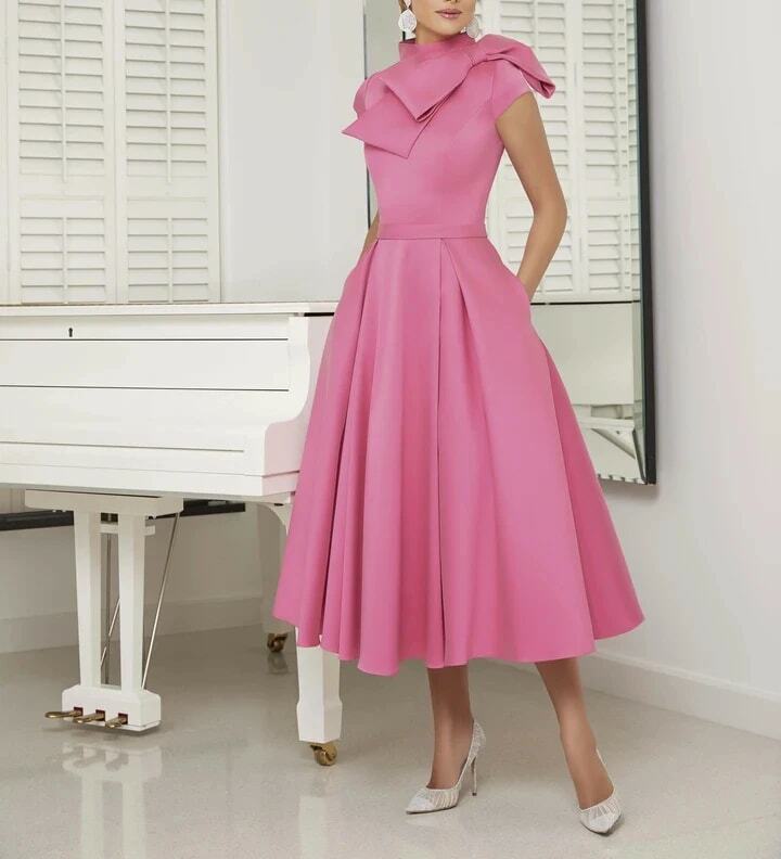 متجر خياط-فساتين أم العروس ، فستان سهرة ، لون الحلوى الوردي ، للمناسبات ، مع ربطة عنق