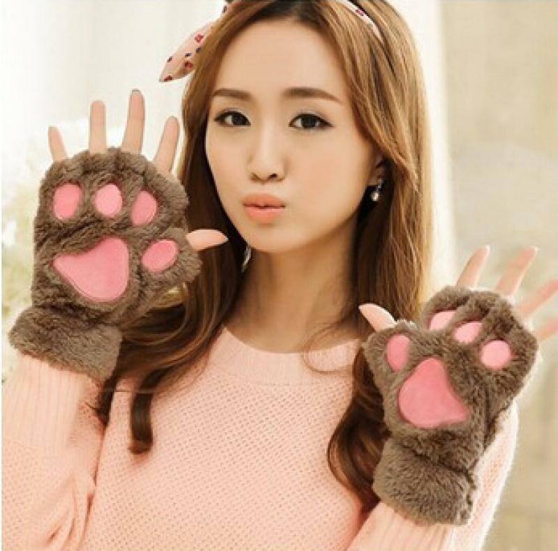 القط مخلب قفازات السيدات الشتاء الكورية لطيف الفتيات أصابع سميكة الدافئة الدب باو أفخم نصف اصبع قفازات الموضة
