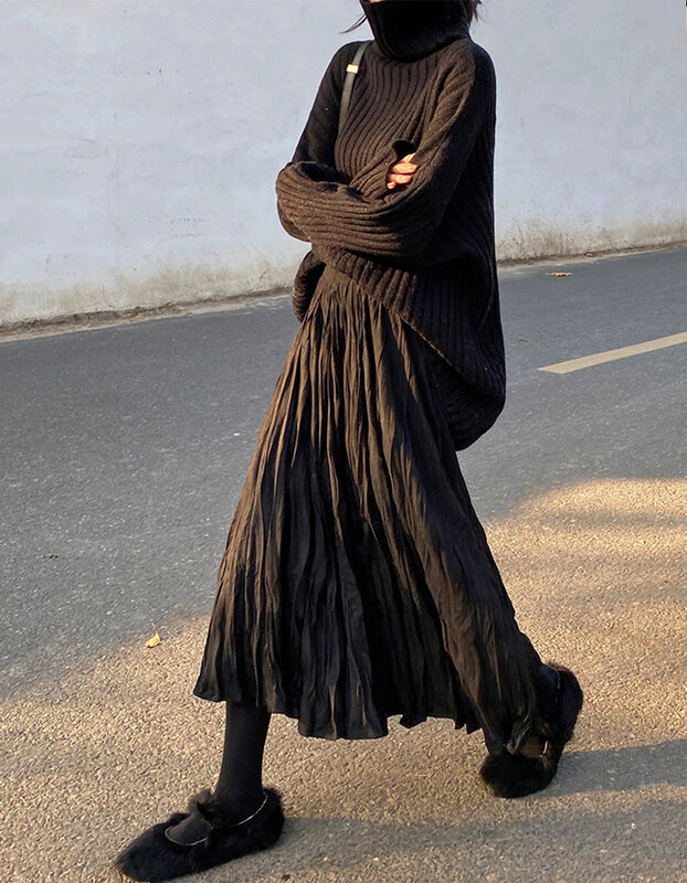 تنورة نسائية بطيات سوداء مجعدة للخريف والشتاء موضة 2022 ، تنورة طويلة بخصر عالٍ بتصميم كوري للسيدات ، تنورة ميدي فالدا بليزادا