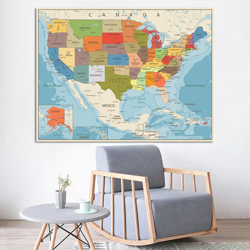ملصق خريطة الولايات المتحدة الأمريكية مقاس 80 × 60 سنتيمتر ، زخرفة جدارية كبيرة ، إصدار إنجليزي