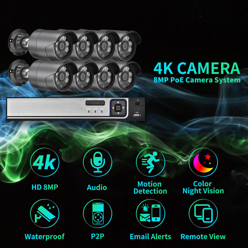 مجموعة مراقبة فيديو للرؤية الليلية مضادة للماء في الهواء الطلق من Gadinan ، مجموعة NVR 8CH ، نظام أمان ، كاميرا POE IP ، HD 4K ، 8MP ، H.265 + لون
