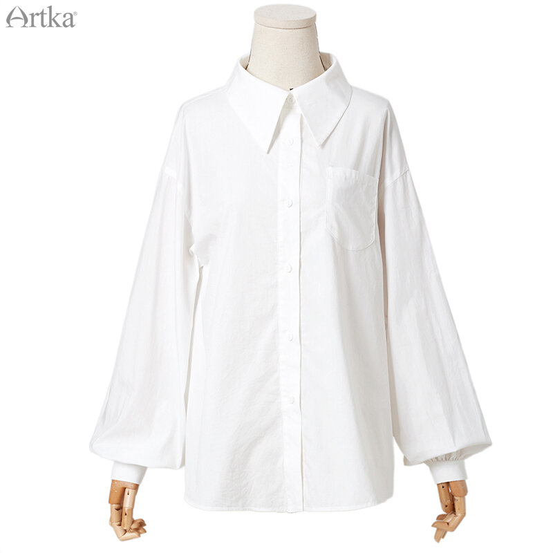 تيشرتات نسائية جديدة للربيع 2020 من ARTKA قميص أبيض صلب غير رسمي بياقة مقلوبة 100% قمصان بأكمام واسعة للنساء SA10095Q
