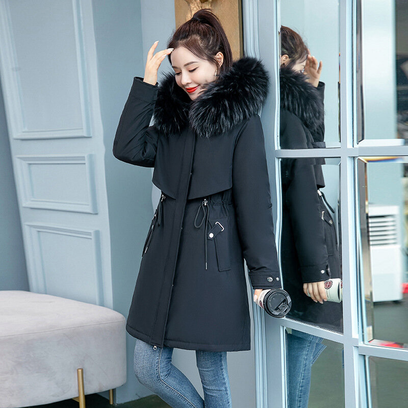 الشتاء سترة الملابس للنساء الكورية سترات سميكة عارضة مقنعين الدافئة متوسطة طويلة معطف مع الفراء طوق 6XL حجم كبير سترة