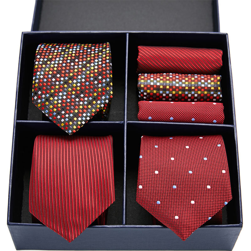هدية صندوق التعبئة رباط العنق الحريري للرجال الجدة هانكي مجموعة 3 أنماط الرجال التعادل الرسمي الأحمر Cravat لحفل الزفاف الأعمال ربطة العنق