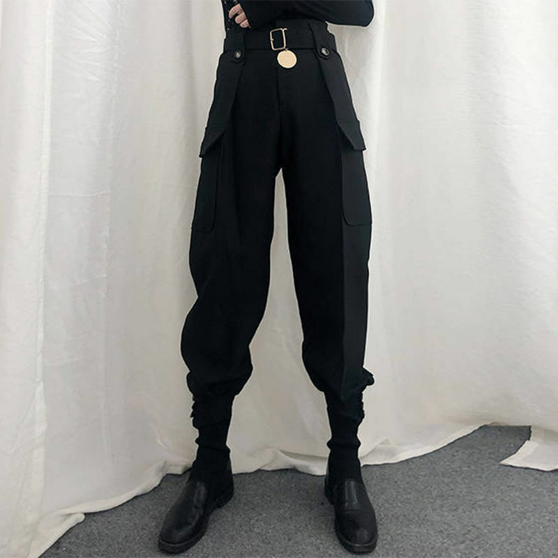بنطلون كارغو نسائي بحزام وجيوب وأزرار ، خصر عالي ، عتيق ، Harajuku ، ملابس الشارع ، جودة قوطية