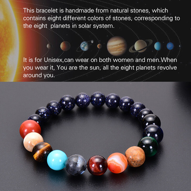الكلاسيكية ثمانية الكواكب حبة سوار الحجر الطبيعي مطرز سوار الكون غالاكسي النظام الشمسي الكواكب أساور للرجال النساء