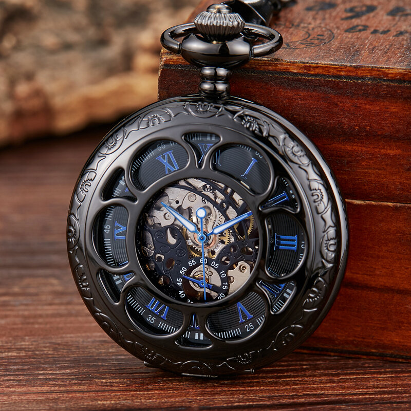ساعة جيب ميكانيكية أوتوماتيكية للرجال والنساء ، جيب ، سلسلة فولاذية ، نحت رائع ، أرقام رومانية