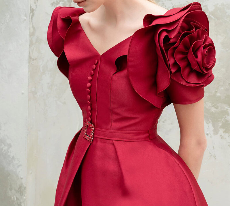 فستان نسائي قصير الأكمام على شكل حرف v من الشيفون الأحمر وشاحات قصيرة من النايلون أو القطن فستان أحمر للحفلات النسائية