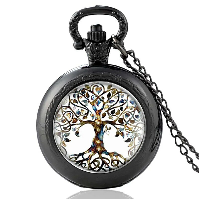 أسود كلاسيكي موضة شجرة الحياة تصميم الزجاج كابوشون ساعة جيب كوارتز خمر الرجال عقد دلاية نسائية سلسلة