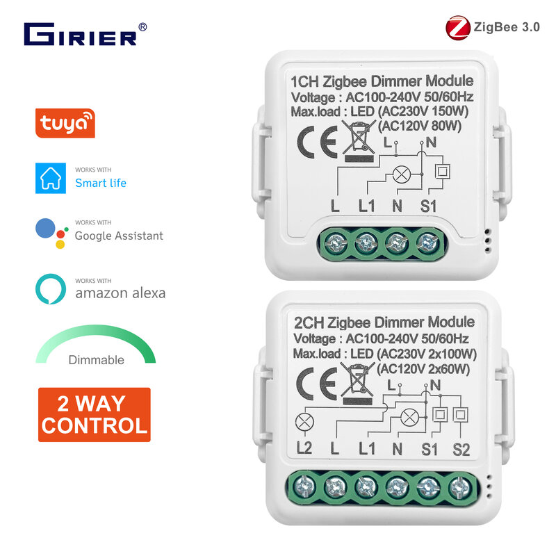 GIRIER-Tuya zibee 3.0 وحدة التبديل باهتة الذكية ، ويدعم التحكم في اتجاهين ، مفتاح الإضاءة عكس الضوء ، يعمل مع اليكسا ، جوجل الرئيسية