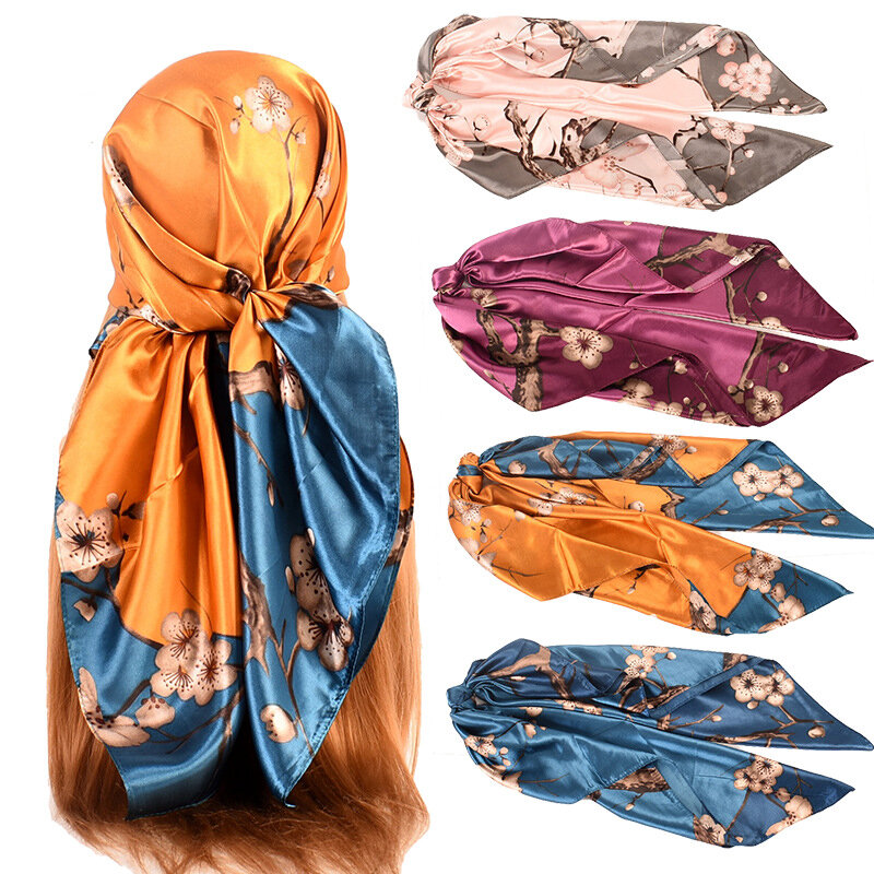 وشاح حريري امرأة فاخرة 90*90 تصميم مطبوعة الحجاب الإناث وشاح للرقبة عقال مربع شال حريمي التفاف الأوشحة الموضة باندانا