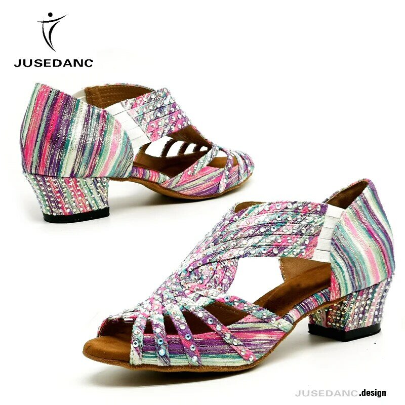 الصلصا أحذية الرقص فتاة قاعة أحذية للنساء اللاتينية أحذية الرقص مربع أحذية الرقص اللاتينية حجر الراين JuseDanc