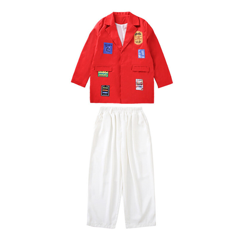 طفل Kpop الهيب هوب ملابس أبيض أحمر طويل السترة معطف تانك المحاصيل الأعلى ملابس الشارع الشهير سراويل تقليدية لفتاة صبي ملابس رقص الملابس