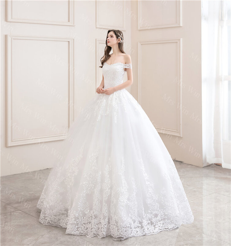 فستان زفاف 2021 جديد أنيق قارب الرقبة قبالة الكتف الدانتيل الكلاسيكية حجم كبير Vestidos دي نوفيا