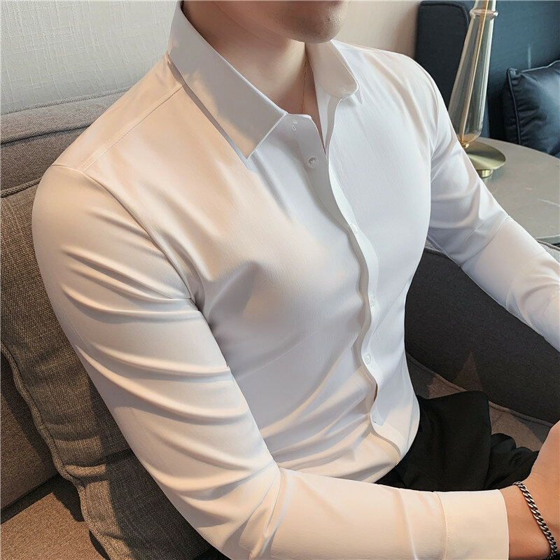 مرونة عالية سلس قميص رجالي كم طويل سليم عادية قميص بلون الأعمال فستان رسمي قمصان الاجتماعية بلوزة