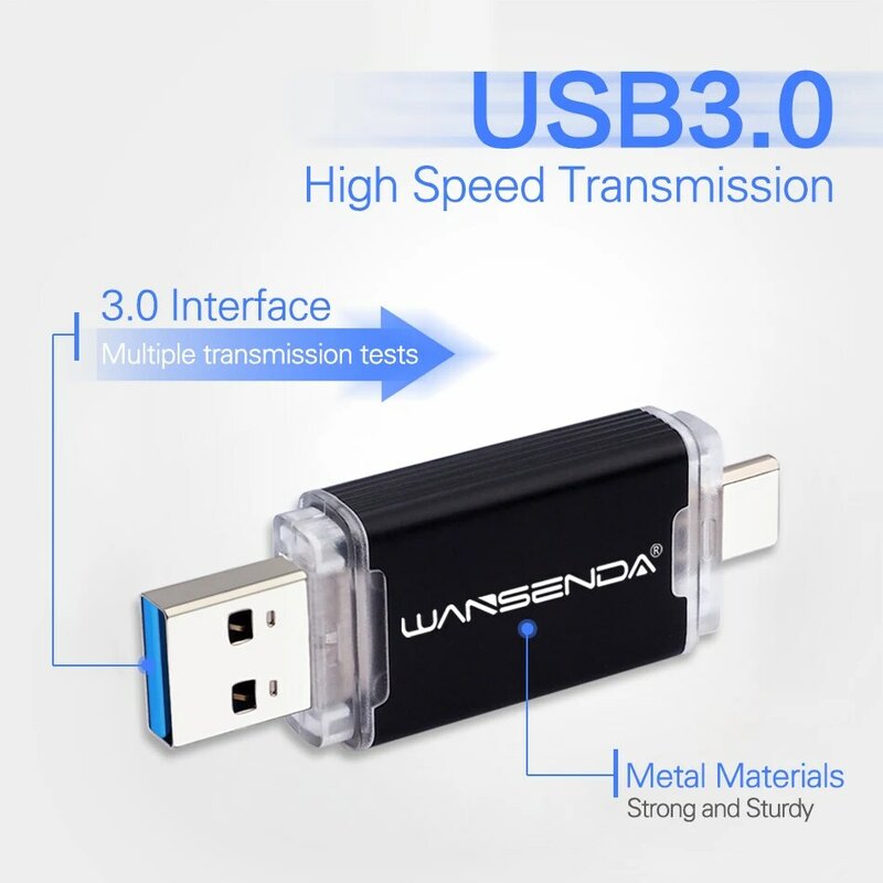 WANSENDA OTG Type-C USB 3.0 USB فلاش محركات أقراص 512GB 256GB 128GB 64GB 32GB 16GB حملة القلم لنظام أندرويد/الكمبيوتر/ماك بندريف ذاكرة عصا