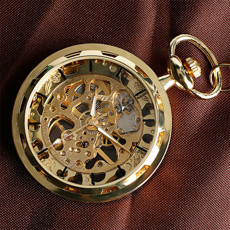 شفافة مفتوحة الوجه الجوف الهيكل العظمي الميكانيكية ساعة جيب لف اليد خمر ساعة هدية عيد ميلاد مع جيب سلسلة reloj