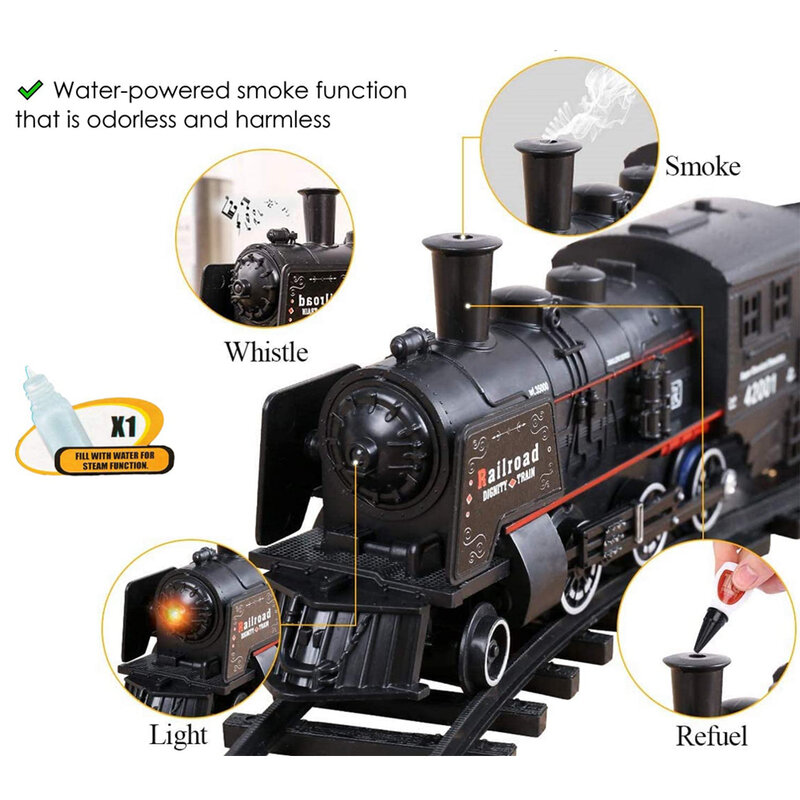 قطار شحن كلاسيكي يعمل بالبطارية ، قاطرة بخار مائية مع نموذج محاكاة دخان ، ألعاب
