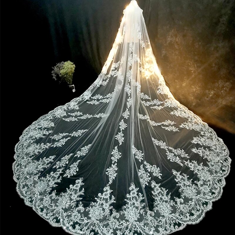 فاخر طويل الحجاب الزفاف الأبيض العاج الحجاب الزفاف مع مشط الدانتيل حافة زين أنيقة طول الكاتدرائية اكسسوارات الزفاف
