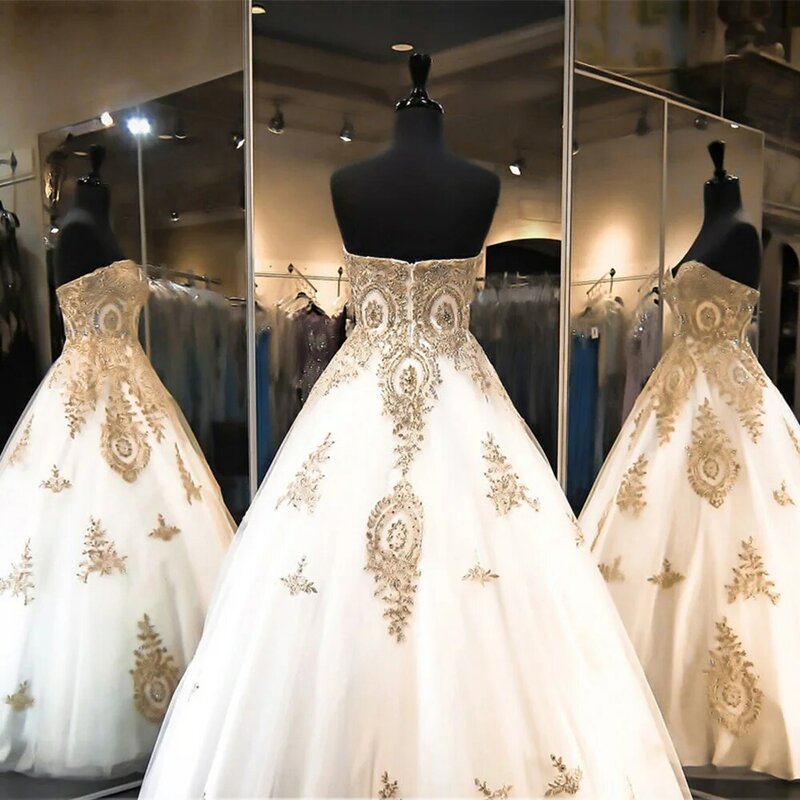 الذهب الأبيض القوطية فستان الزفاف الدانتيل الكرة ثوب العروس فساتين 2019 الأميرة فساتين الزفاف طول الأرض Vestido de Noiva Casamento