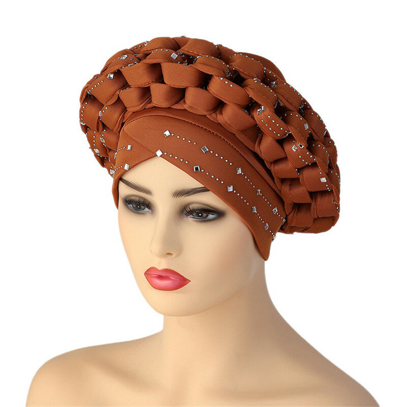 على استعداد لارتداء القبعات الأفريقية قبعة الفاخرة الماس السيدات عمامة بونيه الزفاف Autogele أشرطة رأس الإناث Turbante Mujer