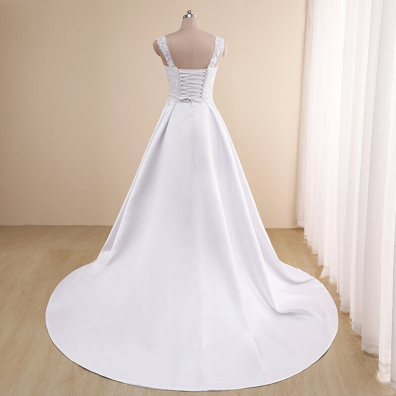 فستان زفاف ساتان مقاس كبير ، مثير ، A-Line ، أكمام قبعة ، حزام مع خرز ، قطار مسح ، فستان زفاف