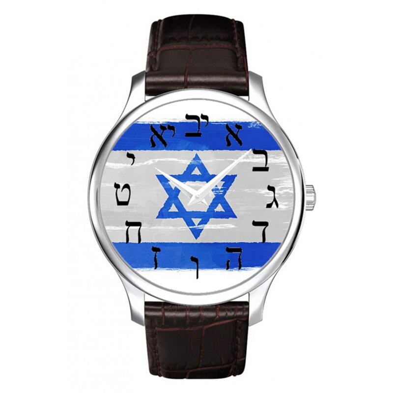 ساعة رجالية جديدة إسرائيل العلم الأزرق والأبيض الجلود العبرية ساعة اليد الكوارتز الرقمية