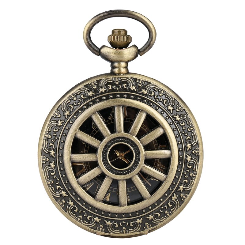 ريترو برونزية الجوف عجلة والعتاد تصميم ساعة جيب كوارتز الأرقام الرومانية الهاتفي قلادة سلسلة بدلاية ساعة أثرية مع ملحق