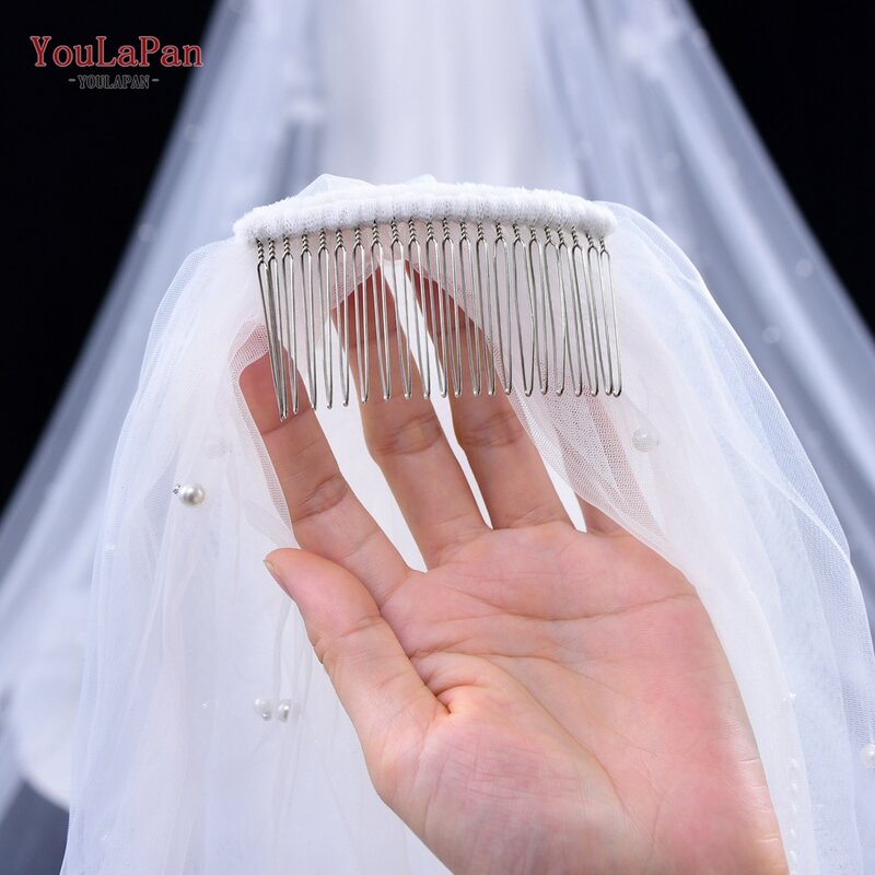 YouLaPan V05 فاخر ثوب حريري للزفاف الحجاب طرحة زفاف اللؤلؤ مع مشط الشعر 1 الطبقة طرحة زفاف طويلة طرحة زفاف الكاتدرائية