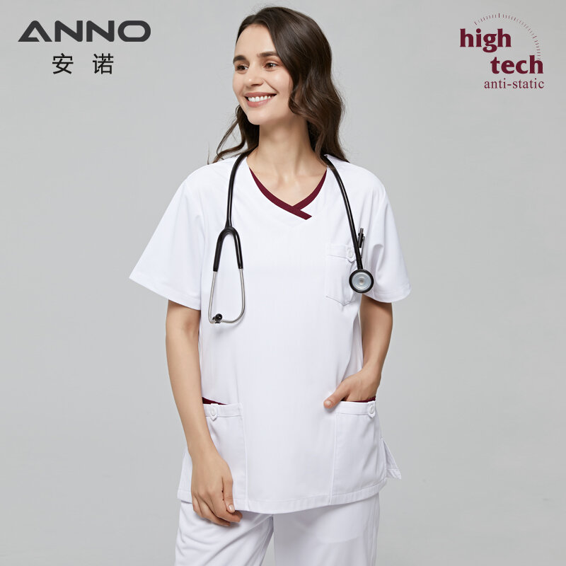 ANNO الأبيض الدعك مجموعة مكافحة ساكنة المهنية الملابس الطبية ممرضة زي الموظفين مع 1% سلك موصل مستشفى بدلة عمل