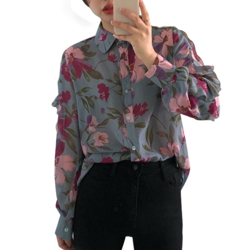 بلوزة شيفون حريمي ، طباعة زهور ، ياقة على شكل v ، أكمام طويلة ، قميص الخريف ، مجموعة جديدة